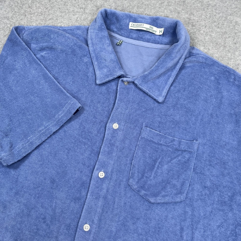 Criquet Shirt Mens XXL 2XL Blue Cotton Terry Cloth Camp Short Sleeve Button Up